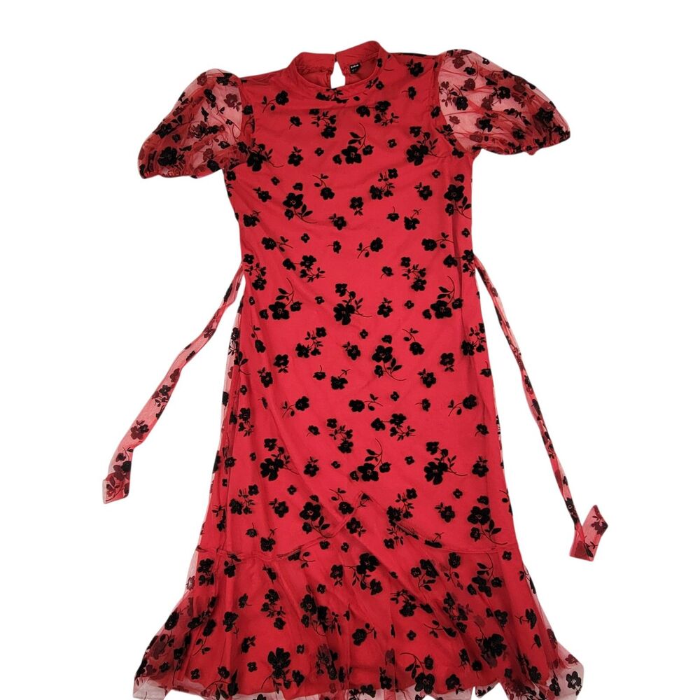 SHEIN Red and black Floral Dress Puff Sleeve Chiffon Boho Style XL - Picture 9 of 13